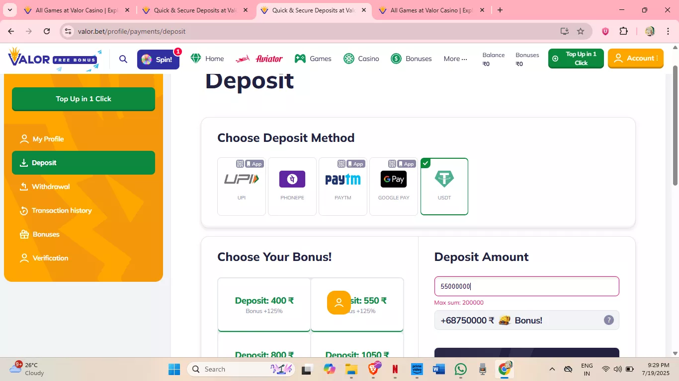 Valor casino deposit methods for Indian players, including UPI, PhonePe, Paytm, Google Pay, and USDT